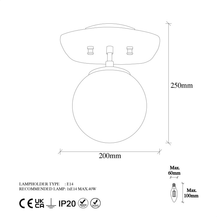 Lámpara de techo Well-11676 negro metal vidrio 20x25x25