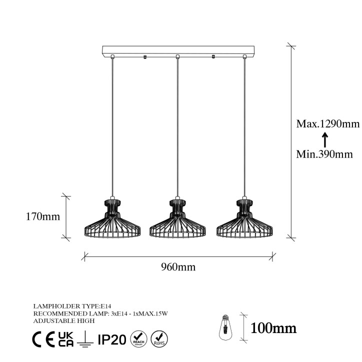 Lámpara de techo Events-11240 negro oro cobrizo metal 73x23x39-129 cm