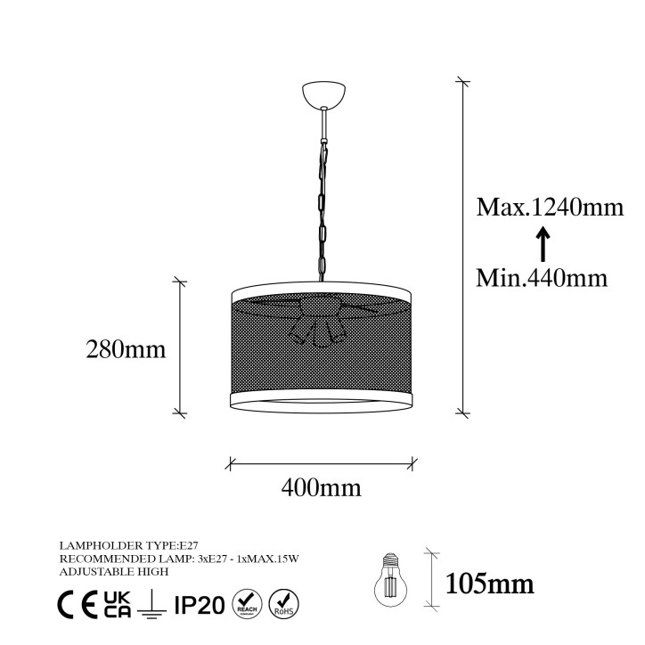 Lámpara de techo Endustriyel-11070 negro metal 40x40x44-124 cm