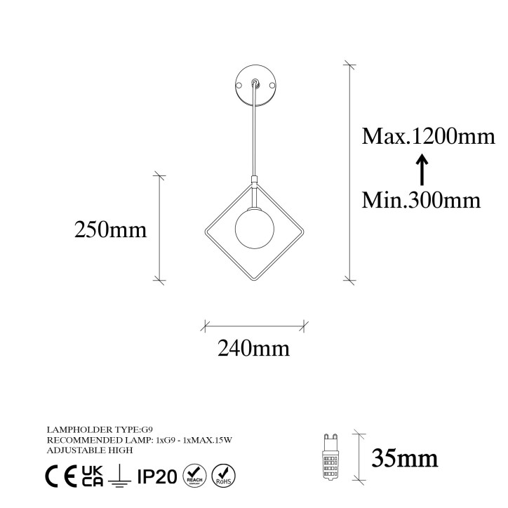 Lámpara de pared Geometri-11120 blanco negro metal vidrio 24x15x41-117 cm