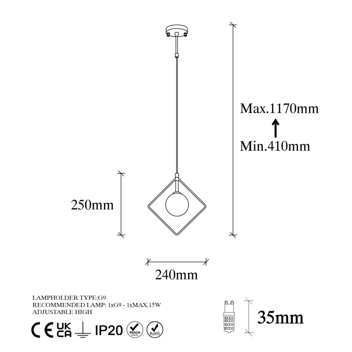 Lámpara de techo Geometri-11095 blanco negro metal vidrio 24x12x41-117 cm