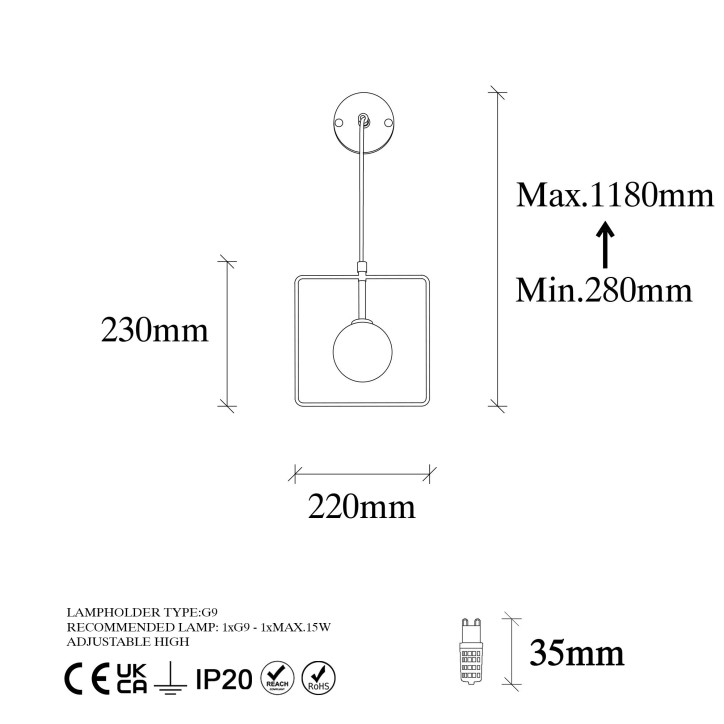 Lámpara de pared Geometri-11115 blanco negro metal vidrio 22x15x39-115 cm