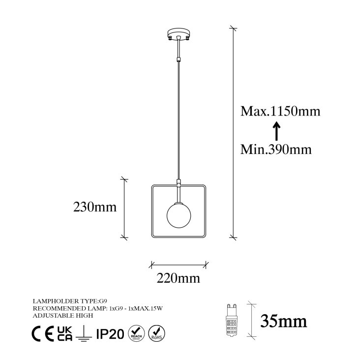 Lámpara de techo Geometri-11100 blanco negro metal vidrio 22x12x39-115 cm