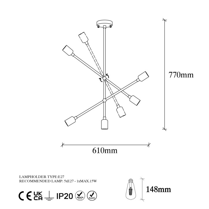 Lámpara de techo Beste-10340 negro oro cobrizo metal 61x12x77 cm