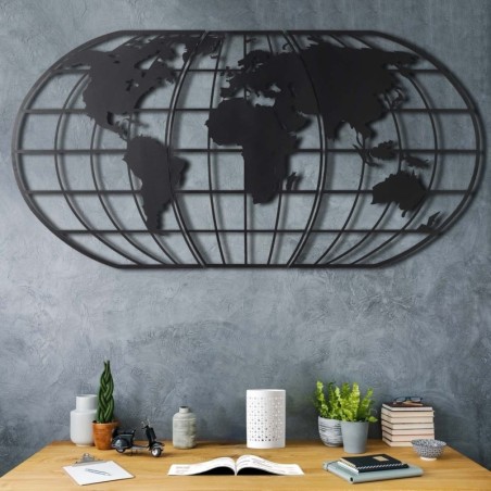 Decoración pared de metal World Map Globe Led negro 60x120 cm