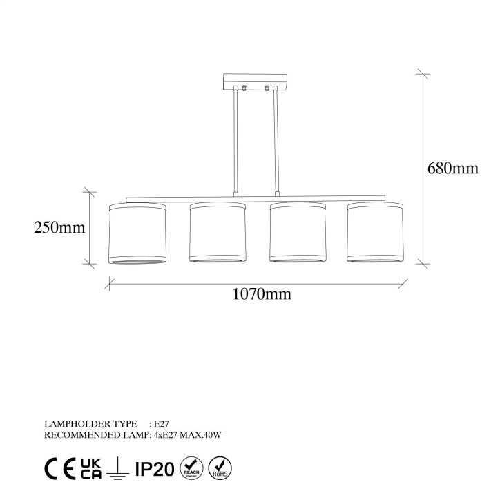 Lámpara de techo WAY-11646 blanco negro metal tela 107x20x68 cm