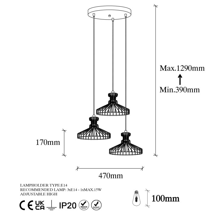 Lámpara de techo Events-11235 negro oro cobrizo metal 47x47x39-129 cm