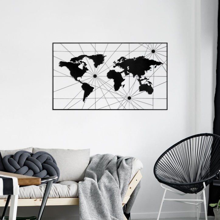 Decoración pared de metal World Map 16 negro 120x70 cm