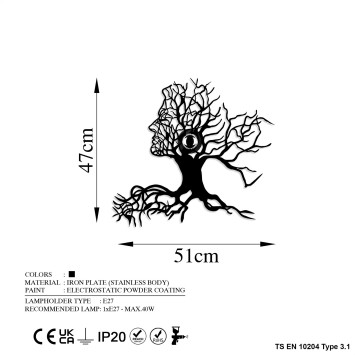 Lámpara de pared Tree Man negro metal 51x47x9 cm - 8683743676415