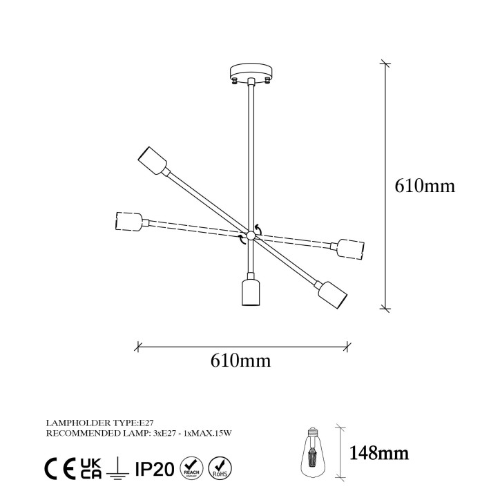 Lámpara de techo Beste-10335 oro cobrizo metal 61x12x61 cm