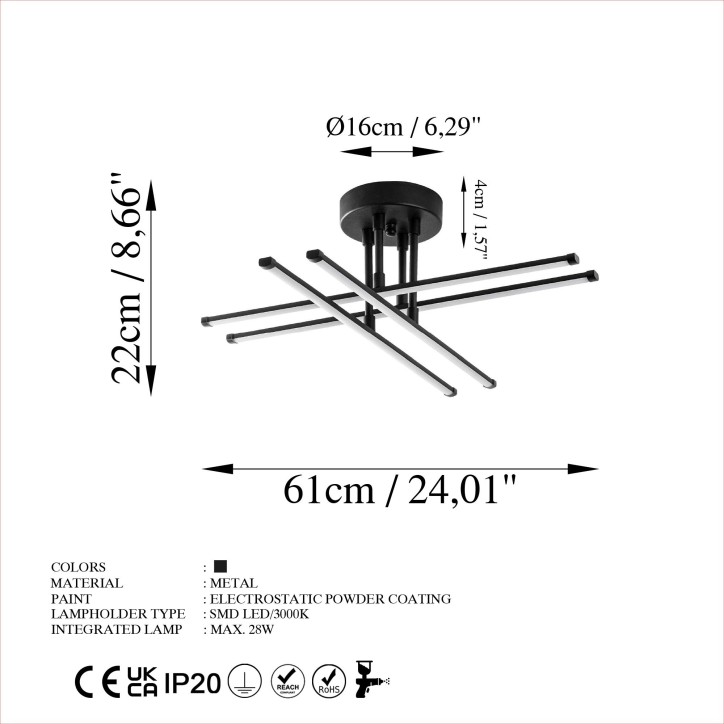 Lámpara de techo Exhaust-13661 negro metal 61x22x61 cm