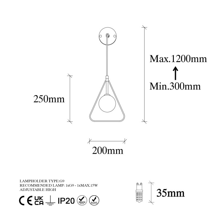 Lámpara de pared Geometri-11130 blanco negro metal vidrio 20x15x41-117 cm