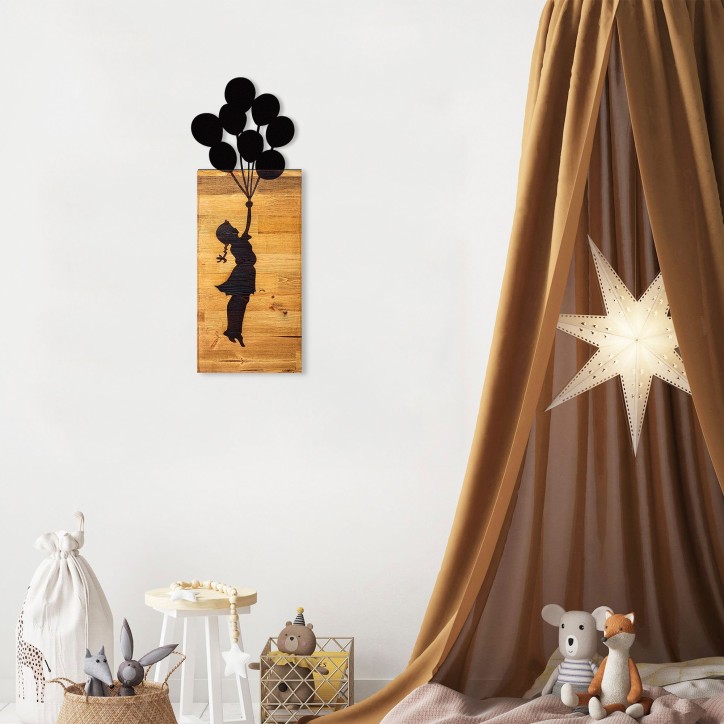 Decoración pared de madera Chıld And Balloons negro 30x86x3 cm