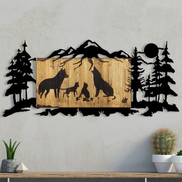 Decoración pared de madera Wolf Family nogal negro 108x3x47 cm