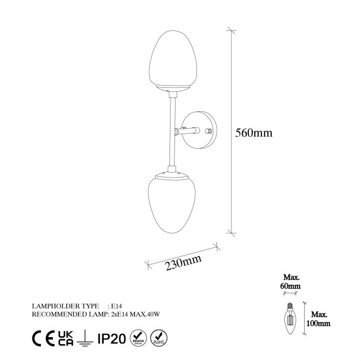 Lámpara de pared Camflo-10380 blanco metal vidrio 12x23x56