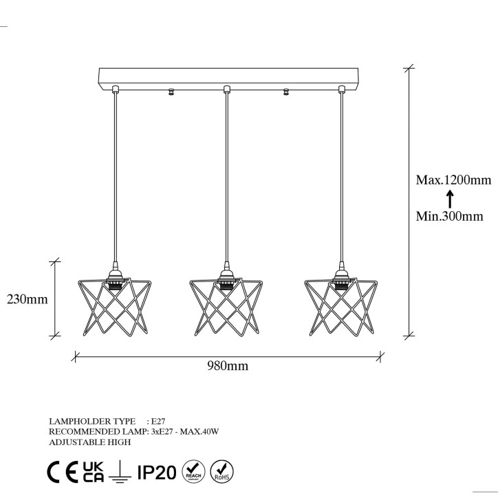 Lámpara de techo Akkas-6626 negro metal 98x24x30-120 cm