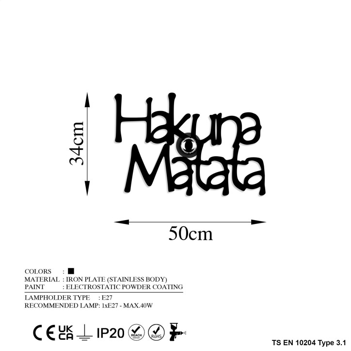 Lámpara de pared Hakuna Matata V2 negro metal 50x34x9 cm