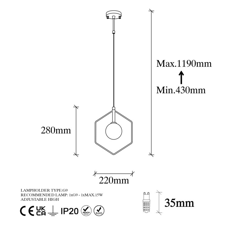 Lámpara de techo Geometri-11075 blanco negro metal vidrio 22x12x43-119 cm