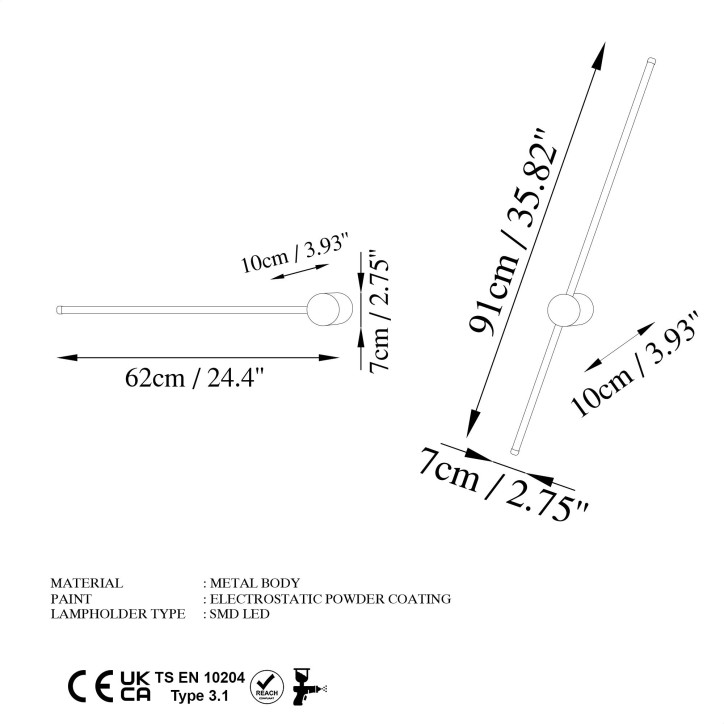 Lámpara de pared Sword-13489 blanco metal 91x10x7 cm