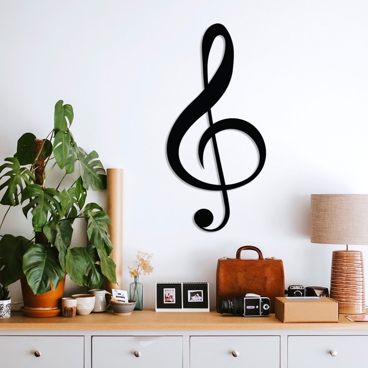 Decoración pared de metal Treble Clef negro 28x59 cm