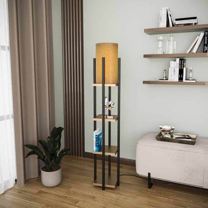 Lámpara de pie Shelf Lamp-8116 oro negro metal tela 25x25x130 cm