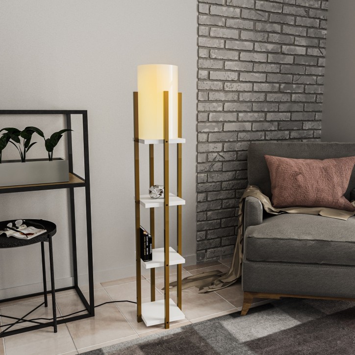 Lámpara de pie Shelf Lamp-8119 blanco oro metal tela 25x25x130 cm