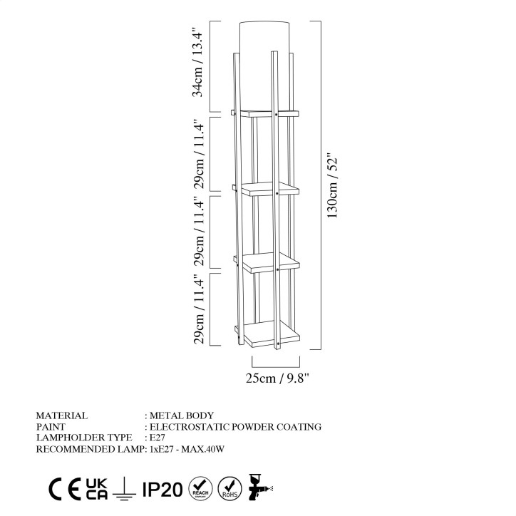 Lámpara de pie Shelf Lamp-8119 blanco oro metal tela 25x25x130 cm