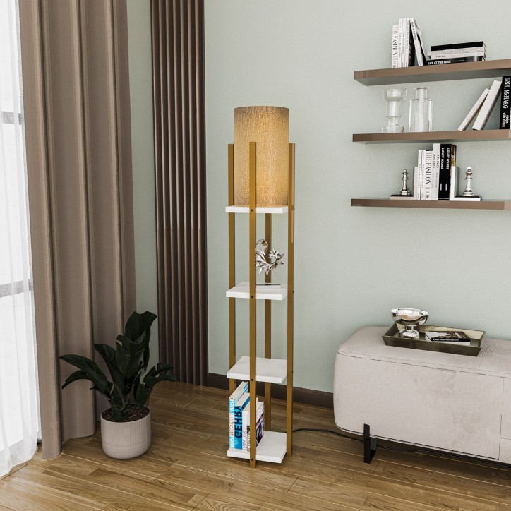 Lámpara de pie Shelf Lamp-8120 blanco oro metal tela 25x25x130 cm