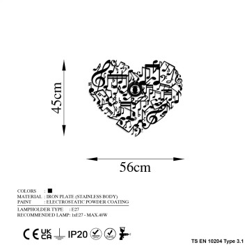 Lámpara de pared Musical Heart negro metal 56x45x9 cm - 8683743676521