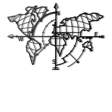 Decoración pared de metal World Map Compass Led negro 65x95 cm