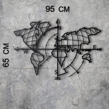 Decoración pared de metal World Map Compass Led negro 65x95 cm