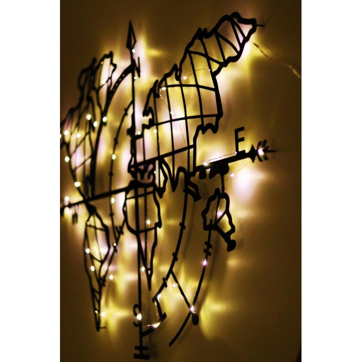 Decoración pared de metal World Map Compass Led negro 65x95 cm