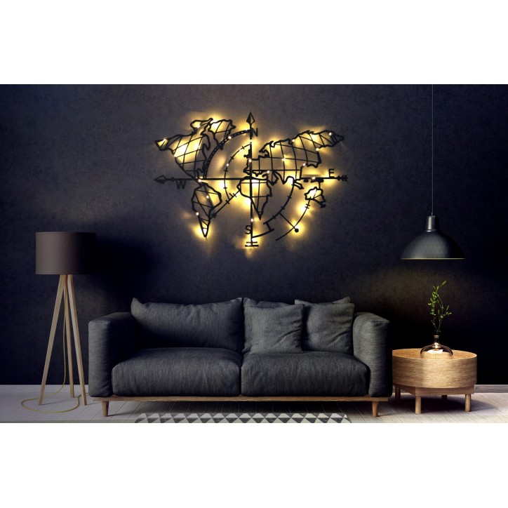 Decoración pared de metal World Map Compass Led negro 65x95 cm