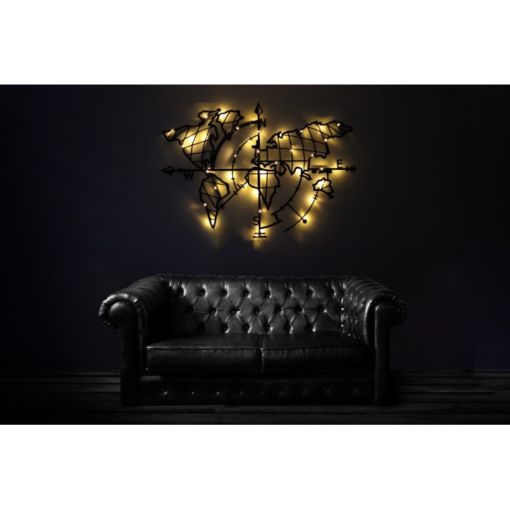 Decoración pared de metal World Map Compass Led negro 65x95 cm