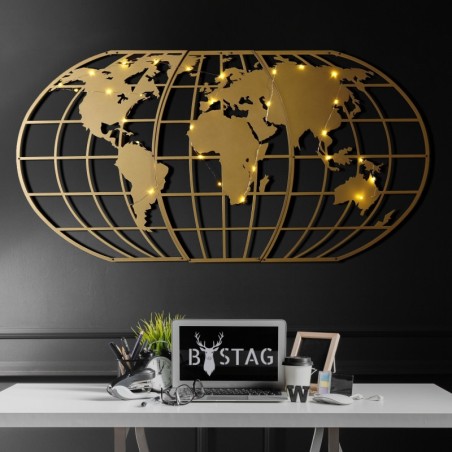 Decoración pared de metal World Map Globe Led oro 60x120 cm