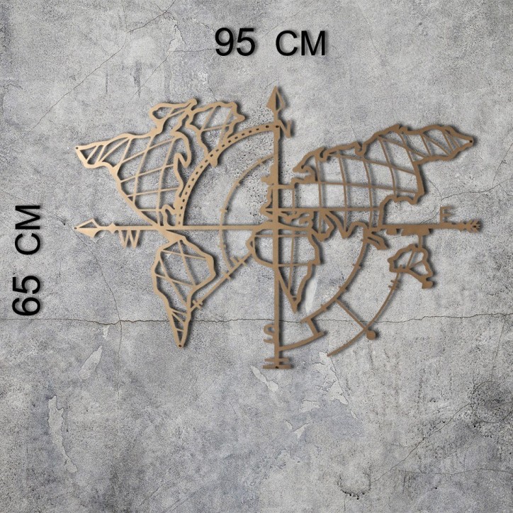 Decoración pared de metal World Map Compass Gold oro 65x95 cm