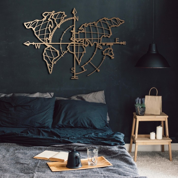 Decoración pared de metal World Map Compass Gold oro 65x95 cm