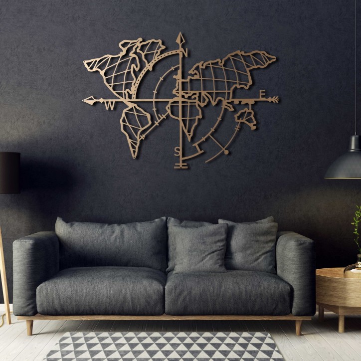 Decoración pared de metal World Map Compass Gold oro 65x95 cm