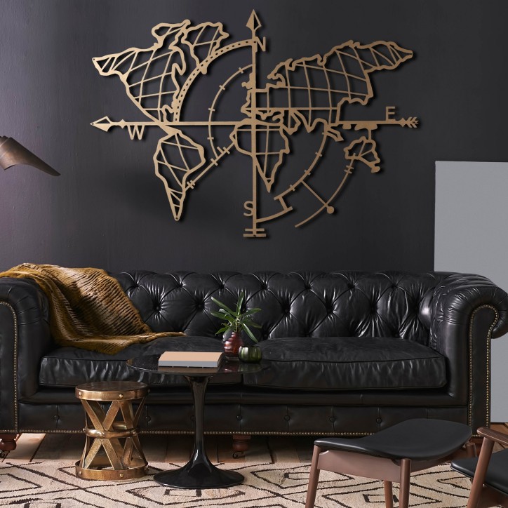 Decoración pared de metal World Map Compass Gold oro 65x95 cm