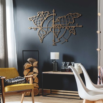 Decoración pared de metal World Map Compass Gold oro 65x95 cm