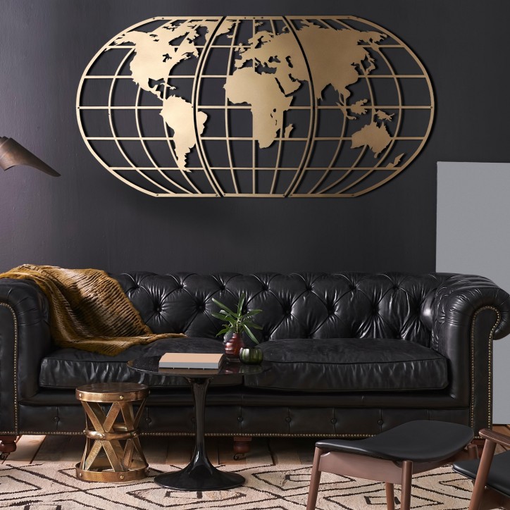 Decoración pared de metal World Map Globe oro 60x120 cm