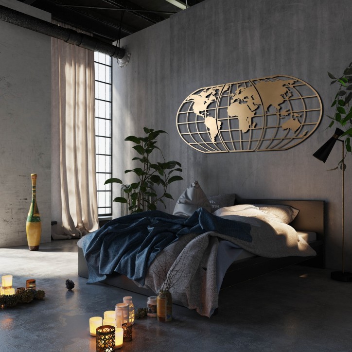 Decoración pared de metal World Map Globe oro 60x120 cm