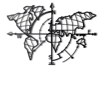 Decoración pared de metal World Map Compass negro 65x95 cm