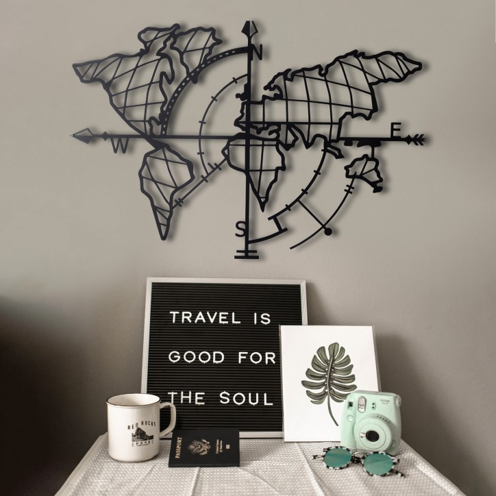 Decoración pared de metal World Map Compass negro 65x95 cm