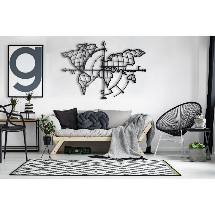 Decoración pared de metal World Map Compass negro 65x95 cm