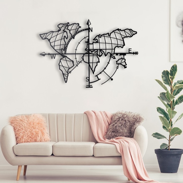 Decoración pared de metal World Map Compass negro 65x95 cm