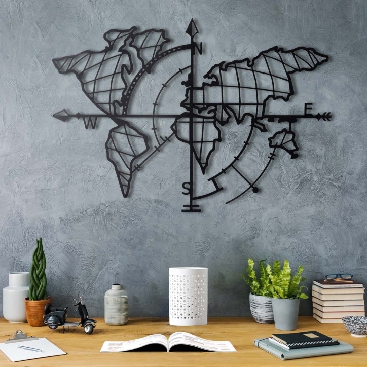 Decoración pared de metal World Map Compass negro 65x95 cm