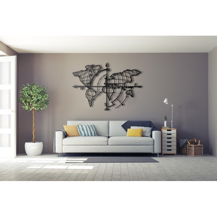 Decoración pared de metal World Map Compass negro 65x95 cm