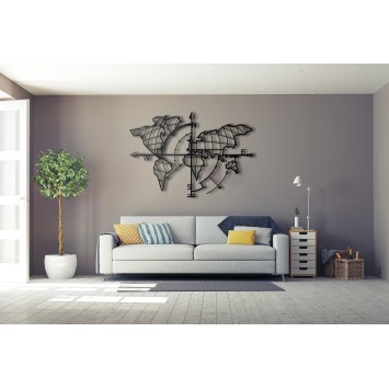 Decoración pared de metal World Map Compass negro 65x95 cm