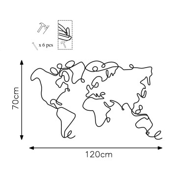 Decoración pared de metal World Map negro 120x70x1.5 cm